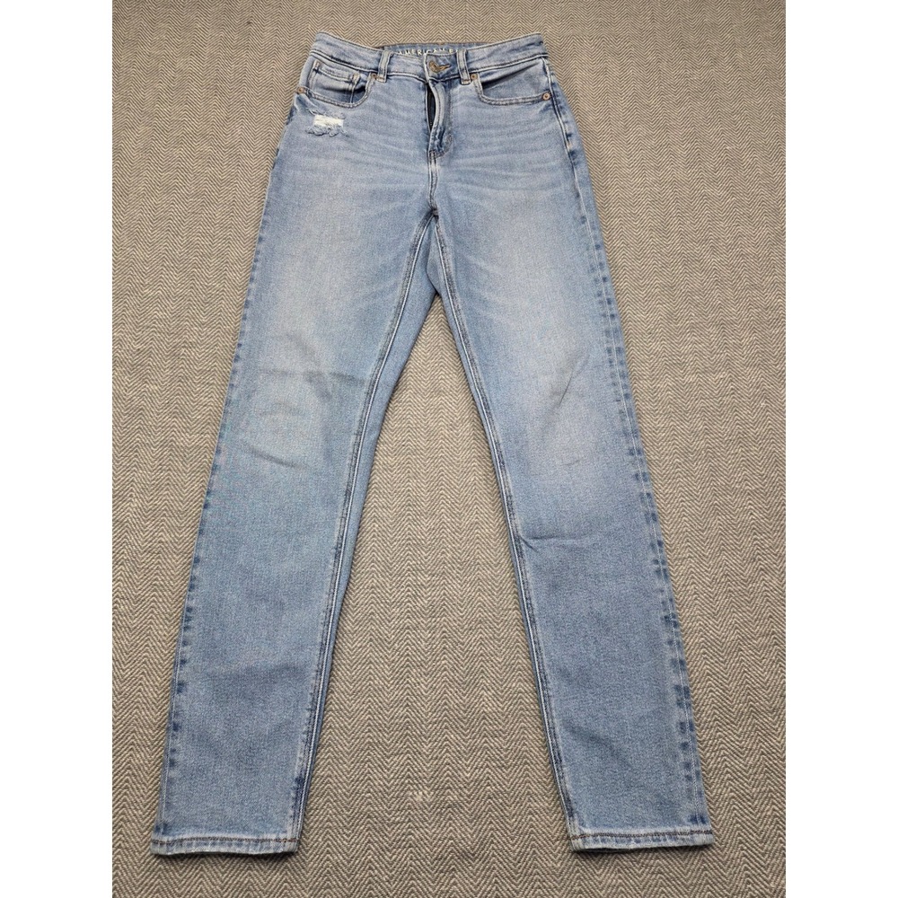 American Eagle Mom Jeans Light Wash High Rise Stretch Denim Blue Womens Size 0 L